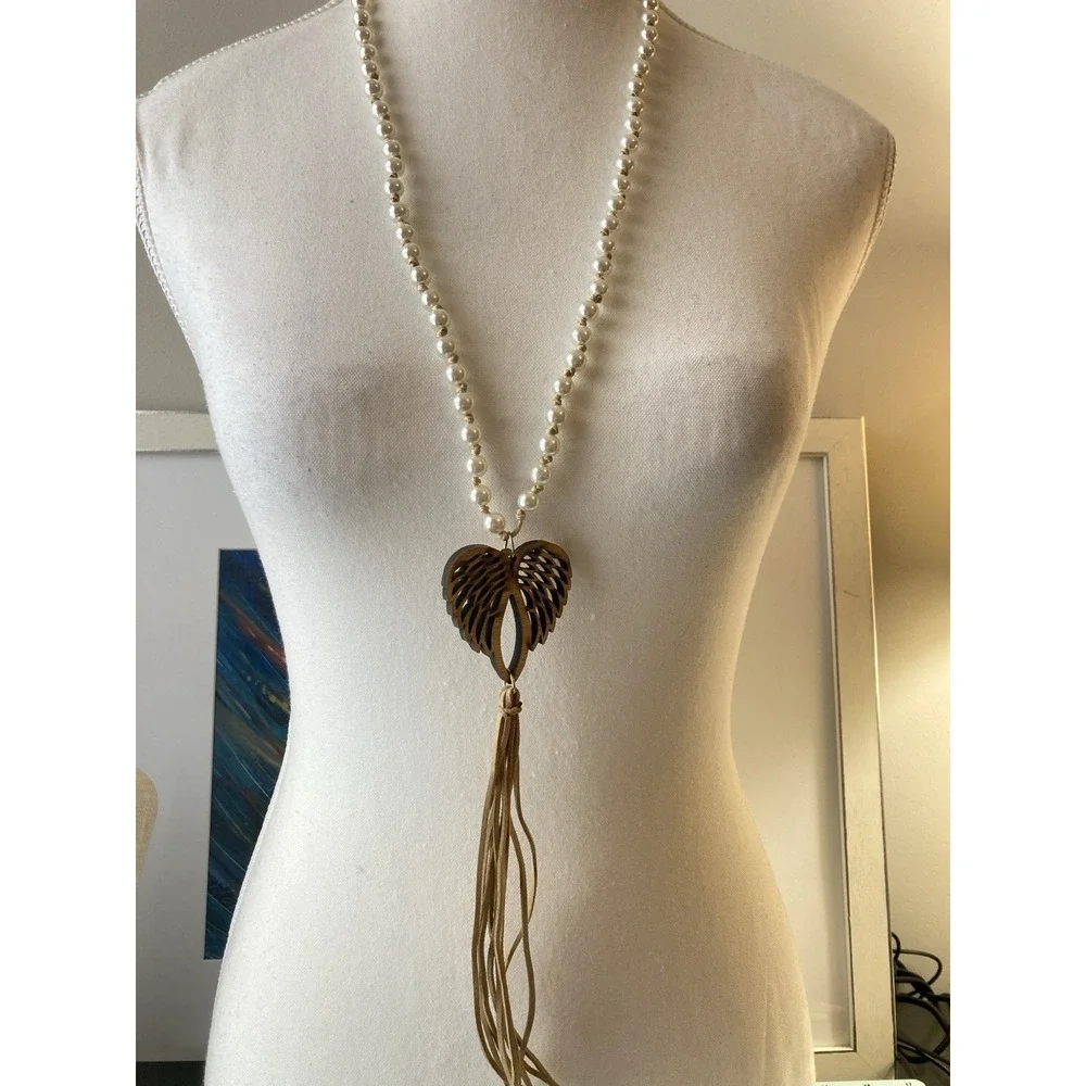 Faux Pearl Leaf Tassel Necklace Long Boho Pendant Earthy Brown Angel‎ Wings